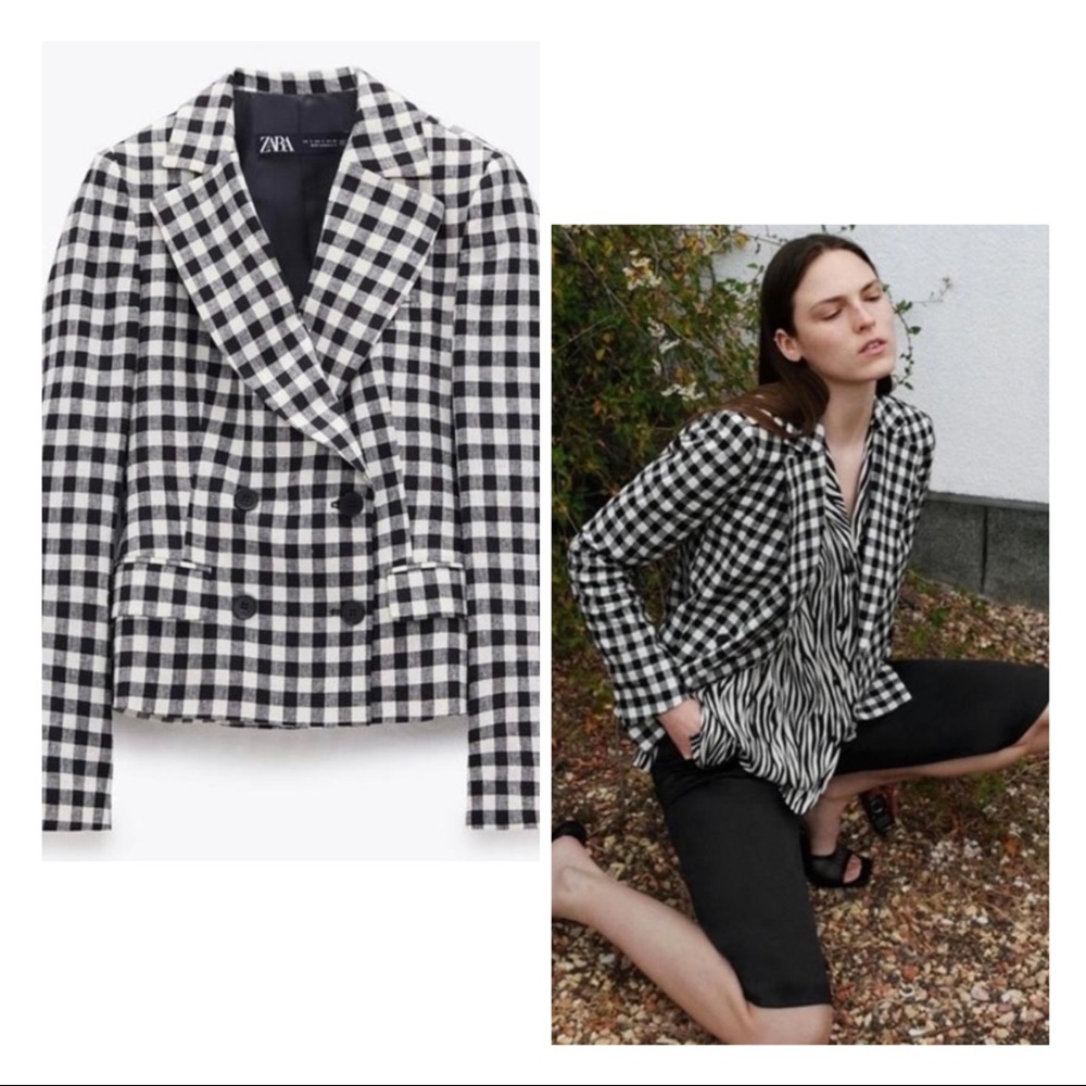 Zara Black and White Gingham Double-Breasted Blazer